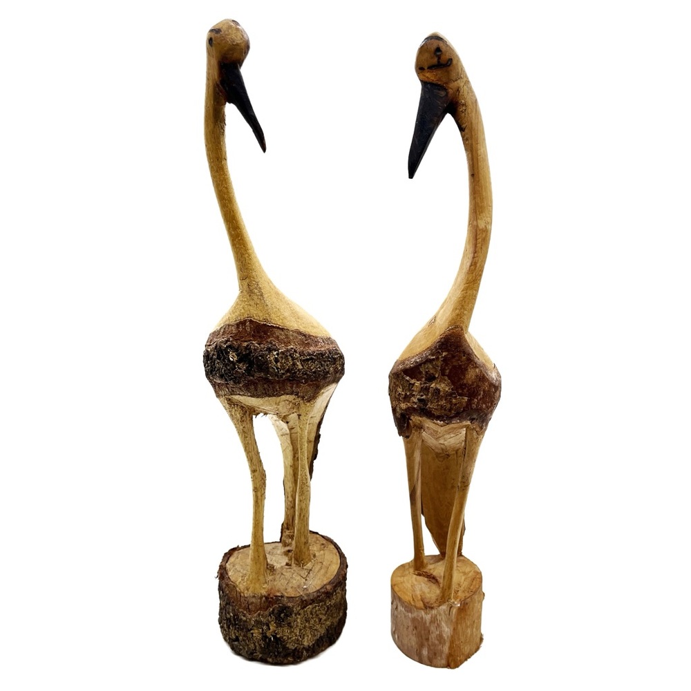 Pair of Hand Carved Cranes 15“ Tall Carved Single Pine Limb Or Tree Sculpture